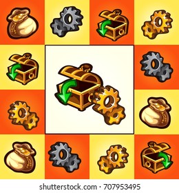 Funny poster or card with treasure chests and gold gears isolated on multicolored background. Vector cartoon close-up illustration.
