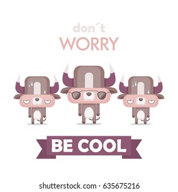 Funny poster with cartoon bull character. Vector collection.