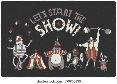 Funny poster with cartoon circus characters. Juggling clown on the bike, bear playing on harmonic, monkey with timpani, strongman with mustaches, magic rabbit in cylinder hat.