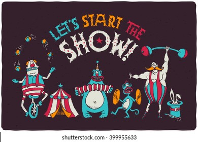 Funny poster with cartoon circus characters. Juggling clown on the bike, bear playing on harmonic, monkey with timpani, strongman with mustaches, magic rabbit in cylinder hat.