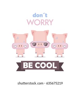 Funny poster with cartoon pig character. Vector collection.