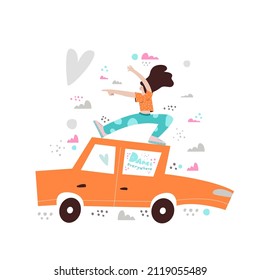 
Funny poster with a dancing girl. She is dancing on the roof of the car. Dance anywhere! Motivational lettering. To advertise dance lessons. Postcards, flyers, posters.