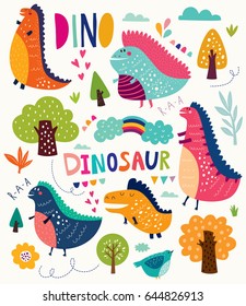 Afiche divertido con dinosaurios y árboles.