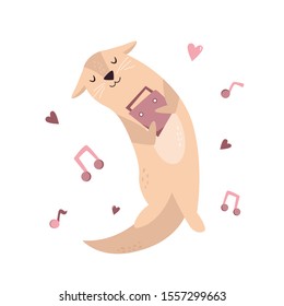 Funny poster with dreaming dancing otter with tape-recorder. Animal character design, illustration for prints, posters, invitations, t-shirts, greeting cards.