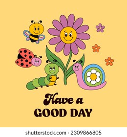 funny poster with flower, ladybug, snail, bee, caterpillar