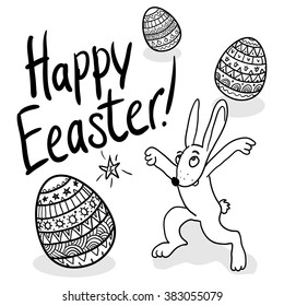 Funny Poster: "Happy Easter!". Easter Bunny with Decorative Eggs. Black and White Vector Illustration in Doodle Style. Sticker Design.