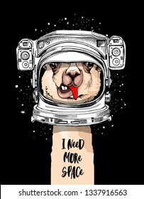 Funny poster. LLama in a Astronaut's helmet. I need more space - lettering quote. Humor card, t-shirt composition, hand drawn style print. Vector illustration.