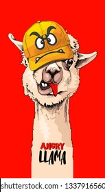 Funny poster. Llama in a cap with a angry smiley. Humor card, t-shirt composition, hand drawn style print. Vector illustration.