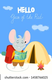 Funny poster for New 2020 Year. Camping cute rat near the tent. Vector illustration. New Year card. 