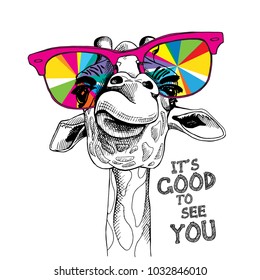 Funny poster. Portrait of a Giraffe in a bright coloring glasses. Vector illustration.