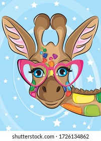 Funny poster. Portrait of a Giraffe in a love glasses. Vector illustration.
