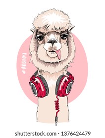 Funny poster. Portrait of Llama with a headphones. #No drama - lettering quote. Humor card, t-shirt composition, hand drawn style print. Vector illustration.