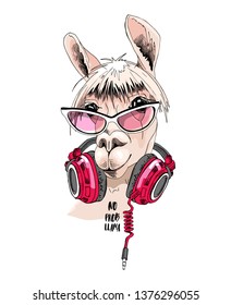 Funny poster. Portrait of Llama in a pink sunglasses and with a headphones. No probllama - lettering quote. Humor card, t-shirt composition, hand drawn style print. Vector illustration.