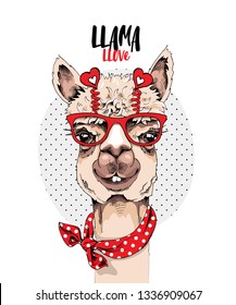 Funny poster. Portrait of Llama in a red glasses with a hearts and in a polka dots scarf. Llama llove - lettering quote. Humor card, t-shirt composition, hand drawn style print. Vector illustration.