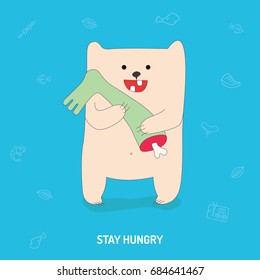 Funny poster or postcard with bear and humanoid leg.