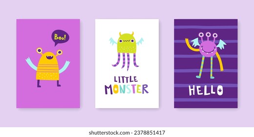 Funny poster set with cute monsters and lettering for kids. Stylized prints collection with cute monster and text.