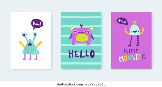 Afiche divertido con monstruos adorables y letras para los niños. Colorida colección de impresiones con un monstruo adorable.