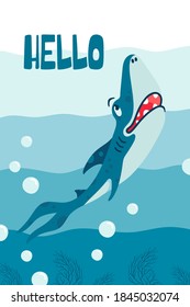 Funny poster with a shark and lettering Hello in flat style. Kids print for interior design, shirts. Vector illustration