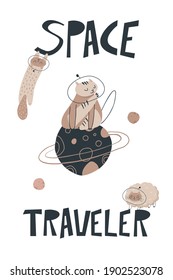 Funny poster with space cats and planets and hand-drawn font Space Traveler. Cute card with galaxy kittens in trendy colors.