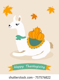 Funny poster for Thanksgiving day with lama and pumpkins 