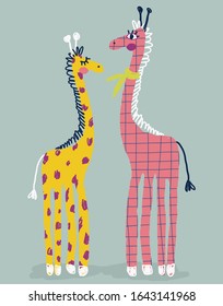Funny poster vector illustration with two colorful giraffe. Kid poster design with giraffe for nursery room. Perfect for kids apparel, fabric, textile, birthday card, wrapping paper and print.