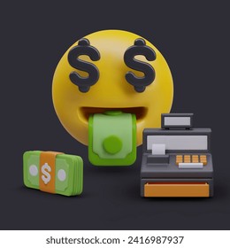 Funny poster with yellow emoticon with dollar eyes and banknote tongue, black cash machine, and money. Concept of loving money. Vector illustration in 3d style with black background
