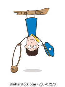 Funny Postman Character Hanging Upside Down on Branch