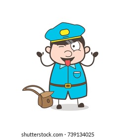 Funny Postman Character Teasing with Stuck-Out Tongue