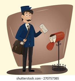Funny postman with letter and red mailbox-Vector Illustration