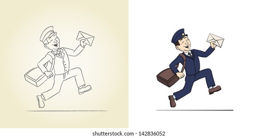 Funny Postman with Letter. Sketch and color vector illustrations.