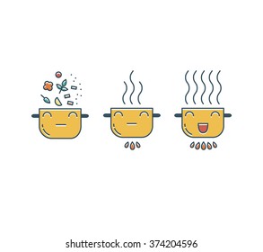 Funny pot icons set. Cooking doodles