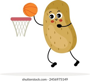 Funny potato character mascot playing basketball