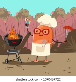Funny Potato in a chef hat with barbecue. Vector cartoon cute character of a happy vegetable with a cocktail and sausages prepares a grill on the bbq on the backyard.