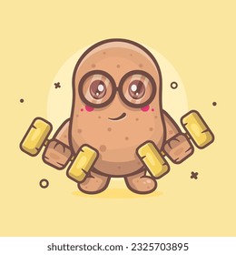 mascota humorística del personaje de la papa haciendo la construcción del cuerpo usando dibujos animados aislados de dumbbell en diseño de estilo plano