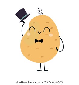 Funny Potato Vegetable Character with Smiling Face and Arm Taking Off Top Hat Vector Illustration