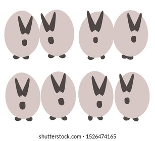 funny pot-bellied gray rabbits with black ears and muzzles and paws of light gray eggs isolated on white background