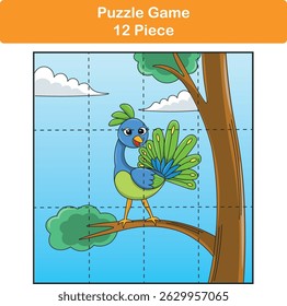 Engraçado pou pássaro. Jogos de quebra-cabeça para crianças. 12 peças. Educação infantil. Ilustração vetorial
