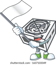Funny power supply unit white color cartoon character design with a flag