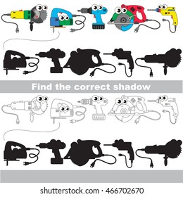 Funny power tools set with shadows to find the correct one. Compare and connect objects and their true shadows. Easy educational kid gaming.