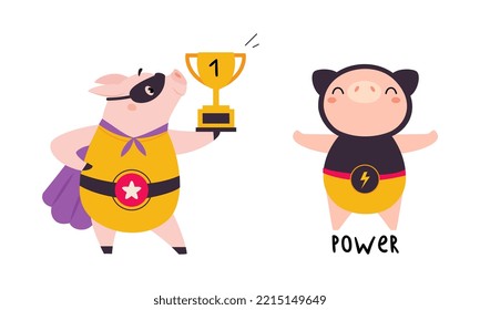 Funny powerful superhero pigs set cartoon vector illustration