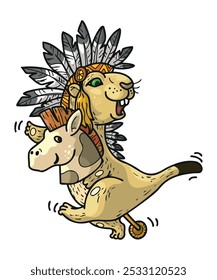 Funny prairie dog hobbyhorsing in big warbonnet 