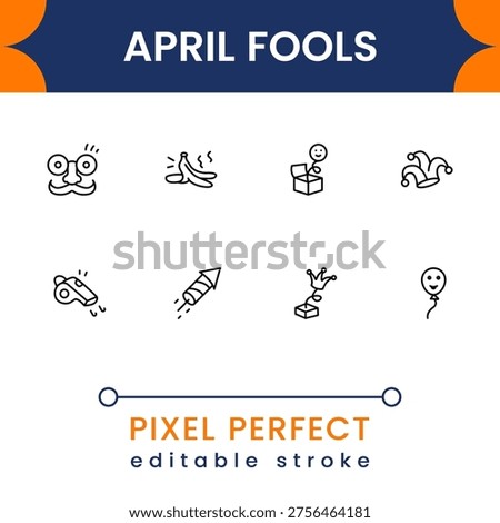 Funny prank and April Fools icon pack featuring humor jokes, comedy elements and playful symbols modern flat vector collection for fun design