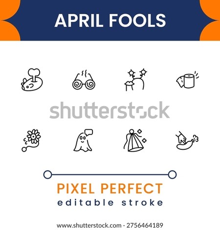 Funny prank and April Fools icon pack featuring humor jokes, comedy elements and playful symbols modern flat vector collection for fun design