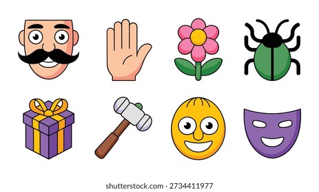 Funny prank day vector icons with mustache face, raised hand, flower, bug, hammer, smile emoji, theater mask, humor collection party