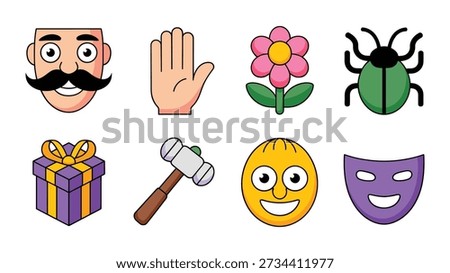 Funny prank day vector icons with mustache face, raised hand, flower, bug, hammer, smile emoji, theater mask, humor collection party