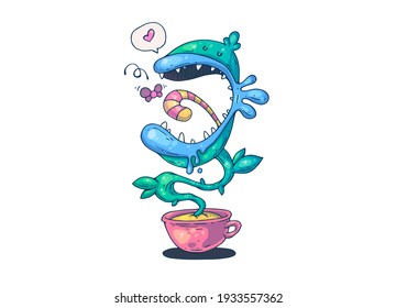 Funny predatory plant. Creative cartoon illustration. Picture for print, advertising, applications and T-shirt print.