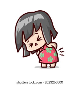 FUNNY PREGNANT MOM IS GOT BACK PAIN. CARTOON ILLUSTRATION.