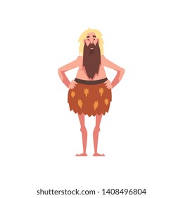 Funny Prehistoric Bearded Man, Primitive Stone Age Caveman in Animal Pelt Cartoon Character Vector Illustration