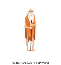 Funny Prehistoric Bearded Man, Primitive Stone Age Caveman in Animal Pelt Cartoon Character Vector Illustration