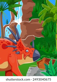 Funny prehistoric dinosaur in jungles. Cartoon vector styracosaurus dino character at lush tropical landscape with waterfall, plants and rocks. Paleontology education of jurassic era reptiles life